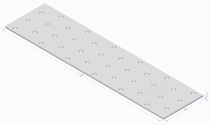 Metallplåt med hål, måtten 160 mm x 40 mm x 3 mm.