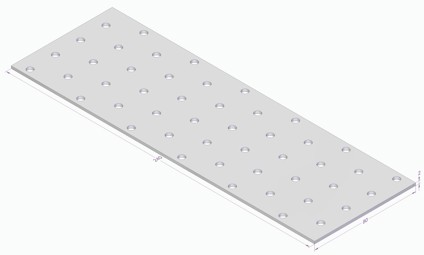 Rektangulär metallplåt med runda hål i ett jämnt mönster. Måttangivelser synliga längs kanterna.