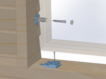 Illustration av en träkonstruktion med en monterad skruv och plugg samt infälld skruv med metallbricka.