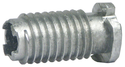 Metallisk karmhylsa med gängor och en inskärning på ena änden.