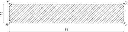 Tvärsnitt av en rektangulär balk med rundade hörn. Mått: 16 mm hög, 95 mm bred, radie 3 mm.