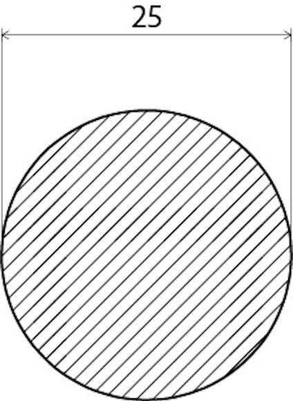En cirkel med diagonala skrafferingar. Pil visar diametern 25.