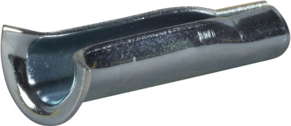 En expanderplugg av metall med cylindrisk form och skåror längs sidan, placerad mot en grå bakgrund.