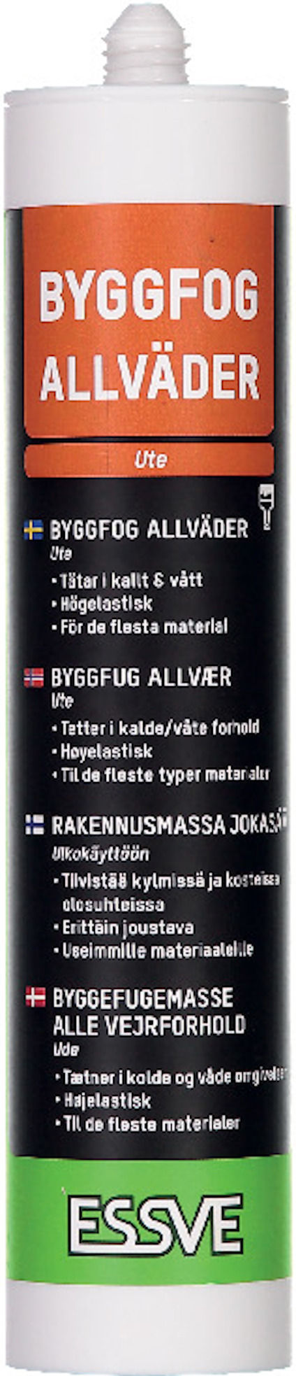 Byggfog Allväder i vitt plaströr med orange etikett och grön ESSVE-logotyp.