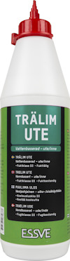 Vit flaska med grön etikett och röd kork, märkt "TRÄLIM UTE, vattenbaserad - ute/inne" från ESSVE.