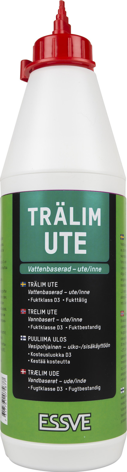 Vit flaska med grön etikett och röd kork, märkt "TRÄLIM UTE, vattenbaserad - ute/inne" från ESSVE.