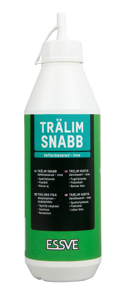 Flaska med etikett i grönt och vitt, märkt "TRÄLIM SNABB" och "ESSVE", med applikatorlock upptill.