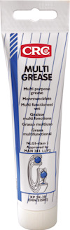 Vit tub med etikett i blått och rött, märkningen "CRC MULTI GREASE" och text på flera språk.