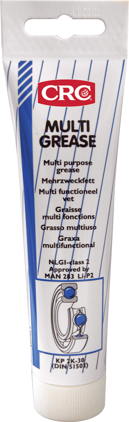 Vit tub med etikett i blått och rött, märkningen "CRC MULTI GREASE" och text på flera språk.