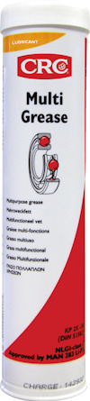 Cylindrisk vit behållare med röd och svart text, märkt "CRC Multi Grease" samt illustration av lagerdelar.