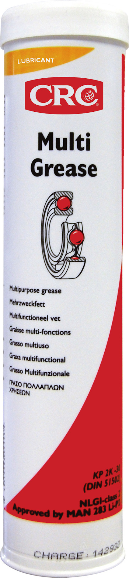 Cylindrisk vit behållare med röd och svart text, märkt "CRC Multi Grease" samt illustration av lagerdelar.