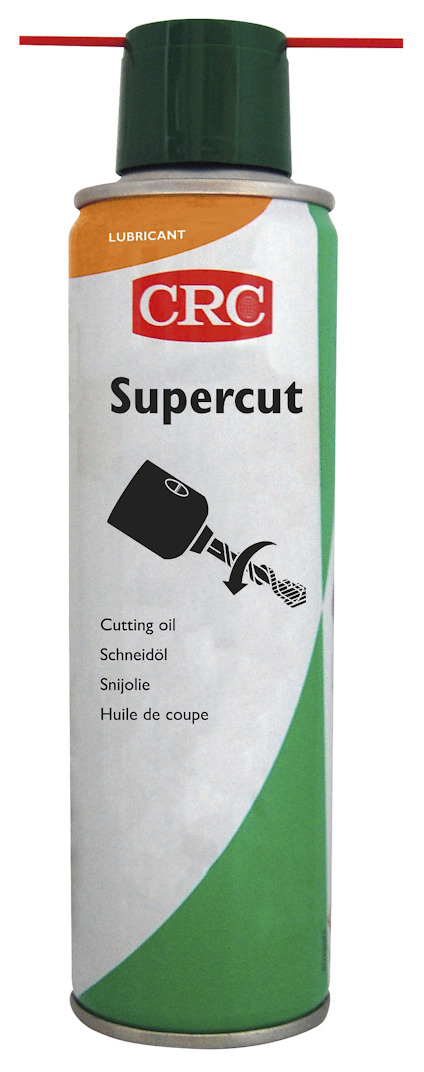 Sprayburk med CRC Supercut-etikett och en röd sprutrör ovanpå.