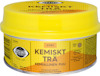Rund gul plastburk märkt "KEMISKT TRÄ" med text på flera språk och etiketten Plastic Padding.