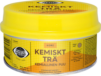 Rund gul plastburk märkt "KEMISKT TRÄ" med text på flera språk och etiketten Plastic Padding.