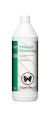 Vit plastflaska med texten "Ytskydd 02" och "OrganoWood" på etiketten.