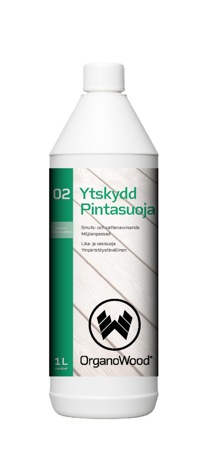 Vit plastflaska med texten "Ytskydd 02" och "OrganoWood" på etiketten.