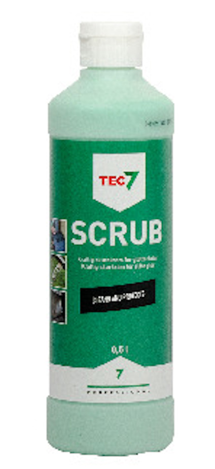 Grön flaska med vit kork och etikett med texten "TEC7 SCRUB Cleans and Protects, 0,5 l".