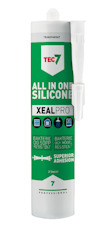 Vit tub märkt "TEC7 All in One Silicone XEALPRO" med gröna och svarta detaljer samt applikator. Text: "Transparent", "Superior Adhesion".