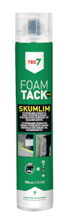 Aerosolspray med grön etikett märkt "TEC7 FOAM TACK PRO SKUMLIM"; visar instruktioner och bilder av användning.