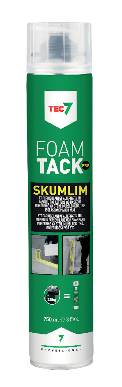Aerosolspray med grön etikett märkt "TEC7 FOAM TACK PRO SKUMLIM"; visar instruktioner och bilder av användning.