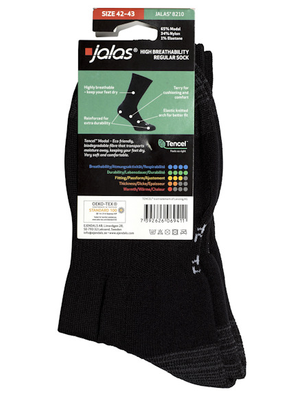 Förpackning med Jalas högandningsbara strumpor i storlek 42-43, svart färg, Tencel-material.