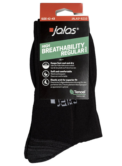 Svart socka med etikett: "Jalas High Breathability Regular 30°C, Size 42-43, Keeps feet cool and dry."