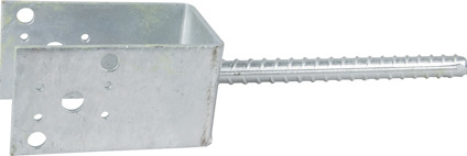 Stolpsko i metall med U-form och ribbad stång, flera hål för fäste.
