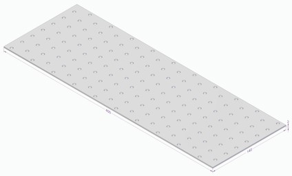Rektangulär, perforerad metallplatta med rader av små hål och dimensionerna 600x140 markerade.