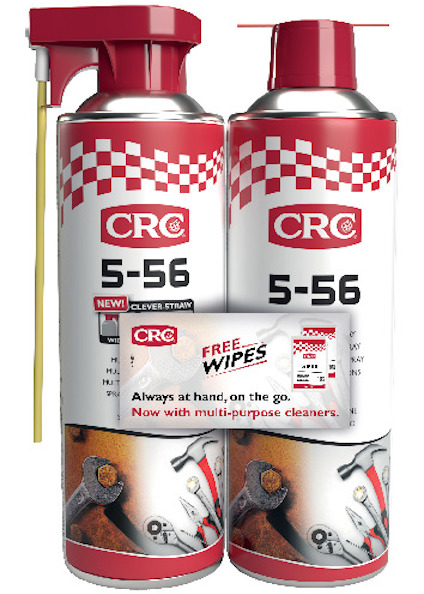Två aerosolförpackningar med röd kork och text "CRC 5-56", samt en förpackning med texter "CRC FREE WIPES" och illustrationsbilder av verktyg.