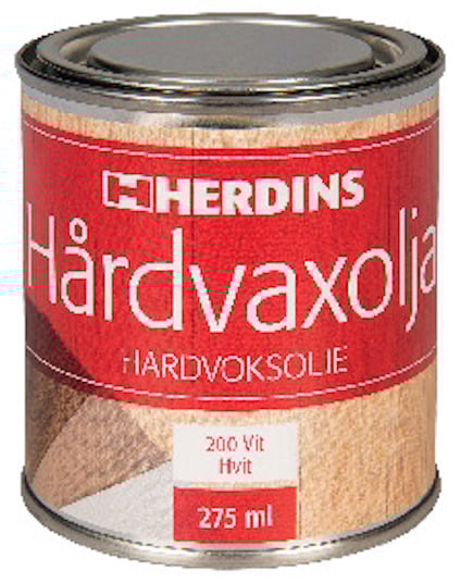 Burk med texten "Herdins Hårdvaxolja" och "275 ml", färgen är angiven som "200 Vit Hvit".