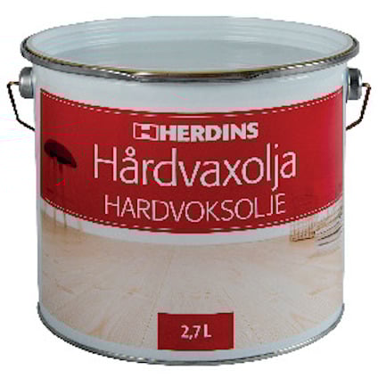 Hink med etiketten "Herdins Hårdvaxolja", röd och vit design med bild av ett golv.