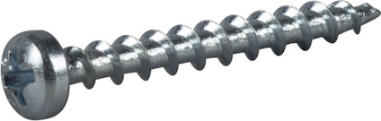 Metallskruv med kullrigt huvud och korsspår, liggande på en neutral bakgrund.