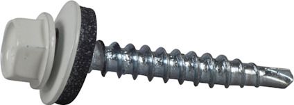 Skruv med vit sexkantshuvud, gummipackning och borrspets.