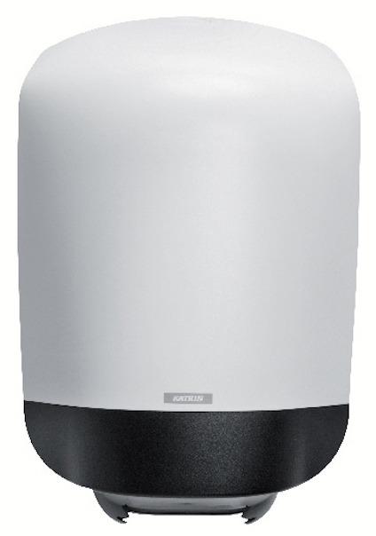 Vit och svart torkpappershållare med rundad design, märkt "TORK".