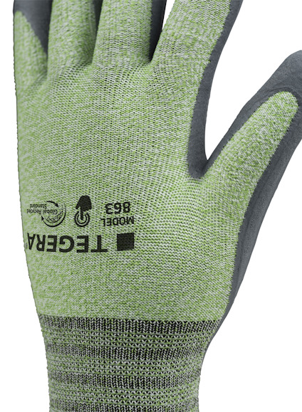 Grön arbetshandske med grå fingertoppsförstärkning och texten "TEGERA MODEL 893".