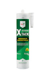 Konstruktionslim X-Tack7 vit tub med gröna och vita etiketter, text och logotyp synliga.