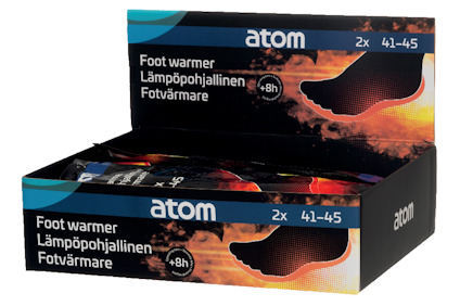 Förpackning med fotvärmare från märket atom, innehållande 2 par i storlek 41-45.