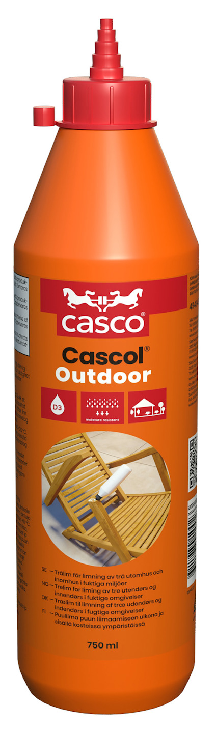 Orange flaska med röd kork, märkt "Cascol Outdoor". Etikett visar bilder och innehåller text på flera språk.