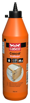 Orange flaska med etikett märkt "Cascol Indoor", bild av trä och limapplikationer.