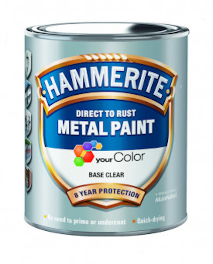 Burk med Hammerite metallfärg, märkt "Direct to Rust Metal Paint", "your Color", "Base Clear", "8 Year Protection".