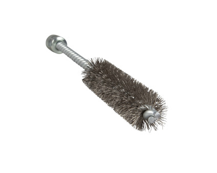 Stålborste med tät borst av metalltrådar och en M6-koppling, lämplig för rengöring av borrhål.
