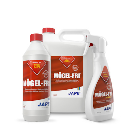 Tre flaskor med etiketten "Mögel-Fri" från märket Jape. En sprayflaska, en stor och en liten flaska.