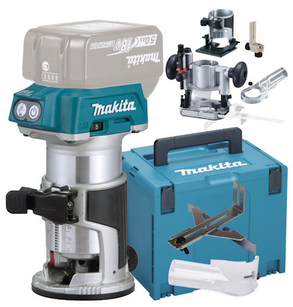 Verktygsset med en blå och silver Makita 18V handöverfräs, väska och tillbehör.