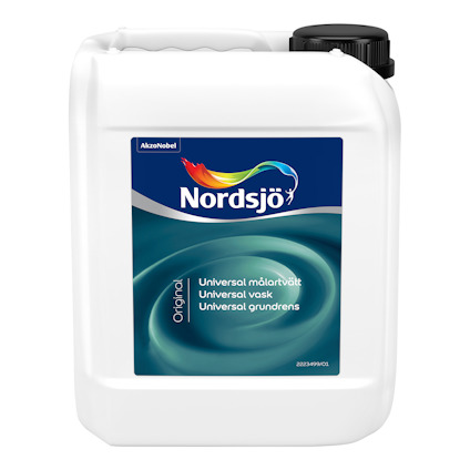 Vit plastdunk med svart skruvlock och etikett med Nordsjö-logotyp samt texten "Universal målartvätt".