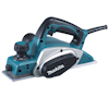Elektrisk handhyvel i blått och svart med handtag, inställningsratt och sladd. Märkt med "Makita".