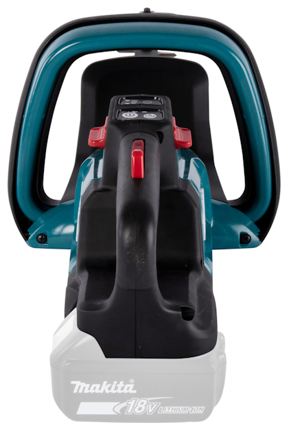 Lövblås från Makita med blå och svart design och ett 18V Litiumjon batteri.