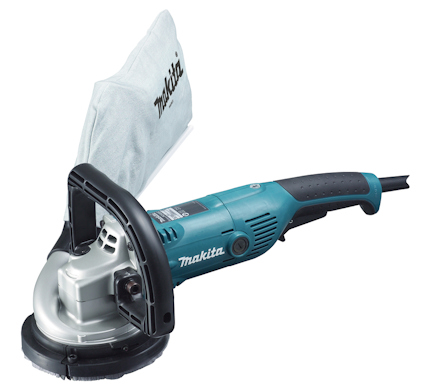 Blå och silverfärgad betongslipmaskin med svart handtag och dammpåse med logotypen "Makita".