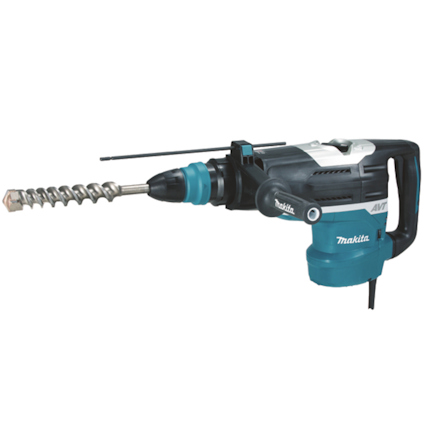 Elektrisk kombihammare med spiralborr, svart och blå, märkt Makita AVT.