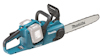 Makita batteridriven kedjesåg i blått och svart med vit svärd och två batterifack.