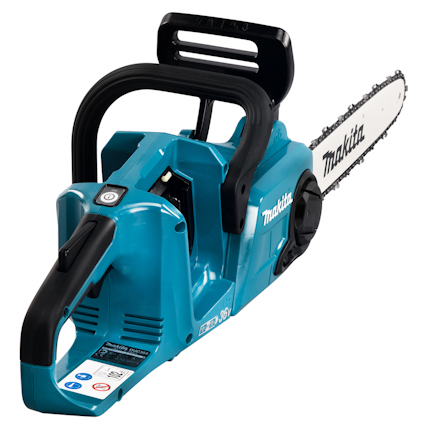 Blå batteridriven motorsåg med svart handtag och kedja. Text: "Makita" på svärdet.